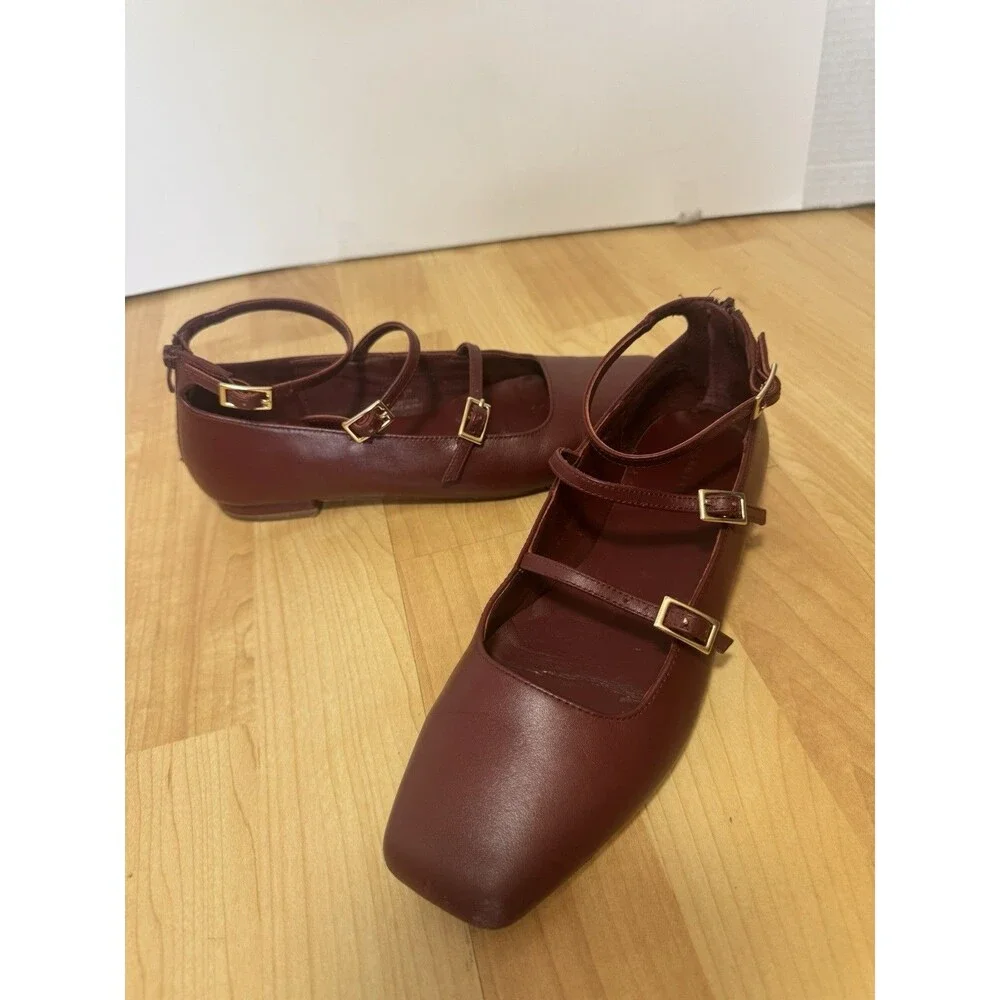 Quince Italian Leather Strappy Ballet Flat Shoes Size 7 Merlot